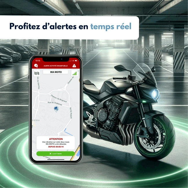 Traqueur moto Sentinelle Mini+ installé sous la selle d’une Yamaha MT pour protection antivol GPS en temps réel