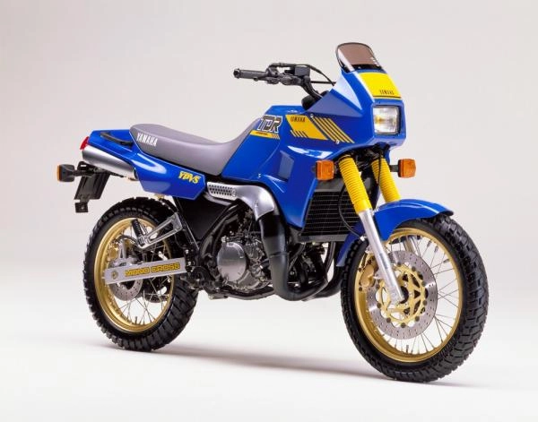 Moto Yamaha TDR 240 de 1988 coloris bleu et jaune de profil