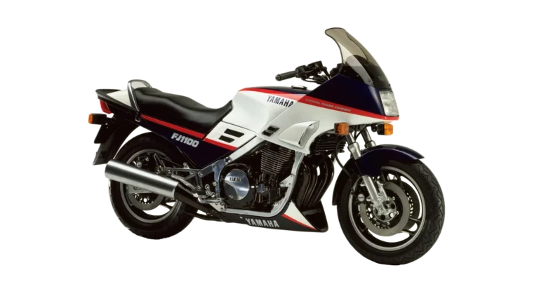 Moto ancienne Yamaha FJ1100 de 1984 de couleur rouge et blanche de profil