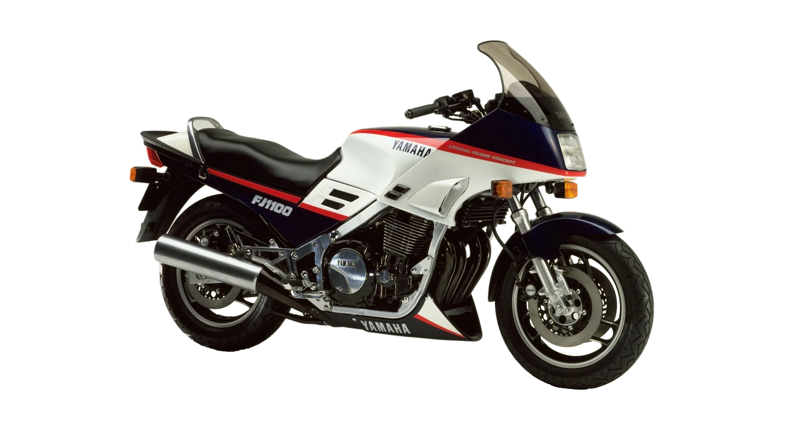 Moto ancienne Yamaha FJ1100 de 1984 de couleur rouge et blanche de profil